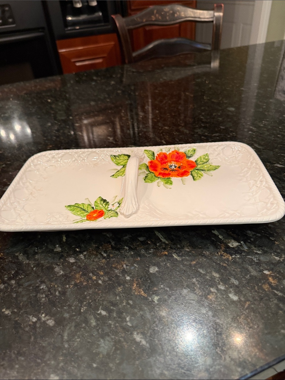 White Ceramic Serving Tray with Orange Floral Accent